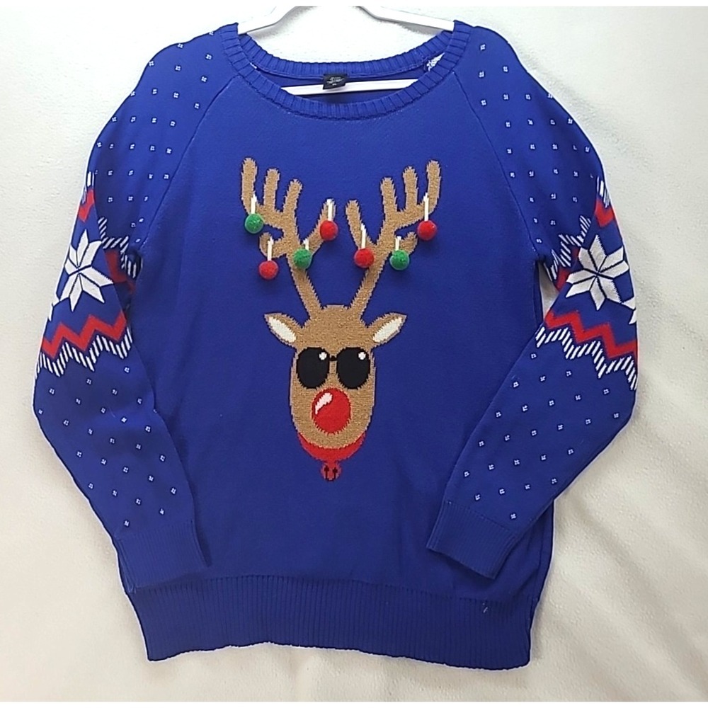 Ugly Christmas Sweater Cool Rudolph w Pom Poms‎ XL Holiday Party